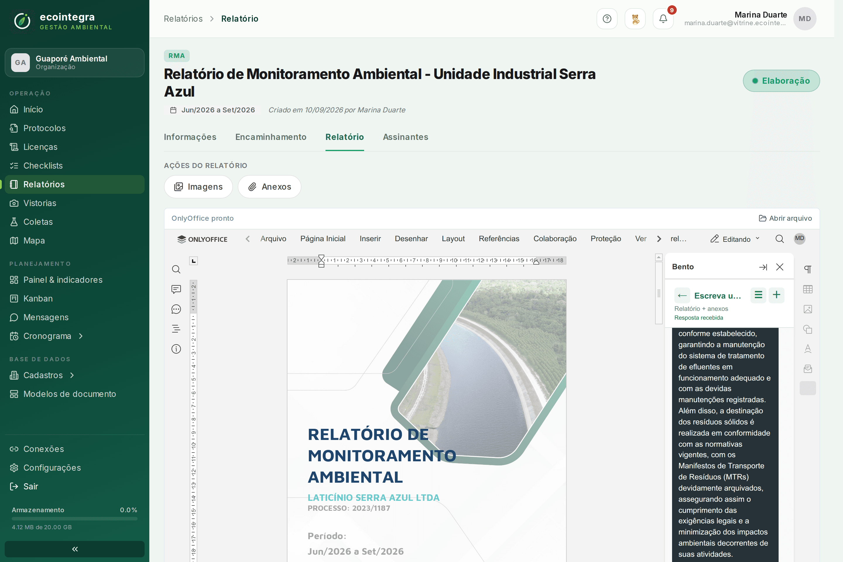 Editor do relatório no EcoIntegra (OnlyOffice) com o painel do assistente de IA e as ações Imagens e Anexos