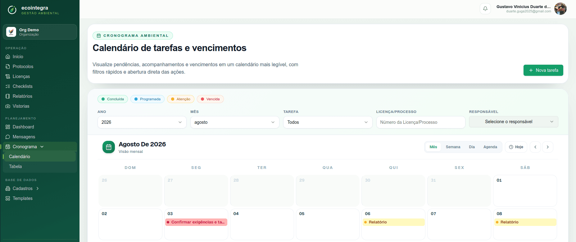 Cronograma e alertas de prazos ambientais