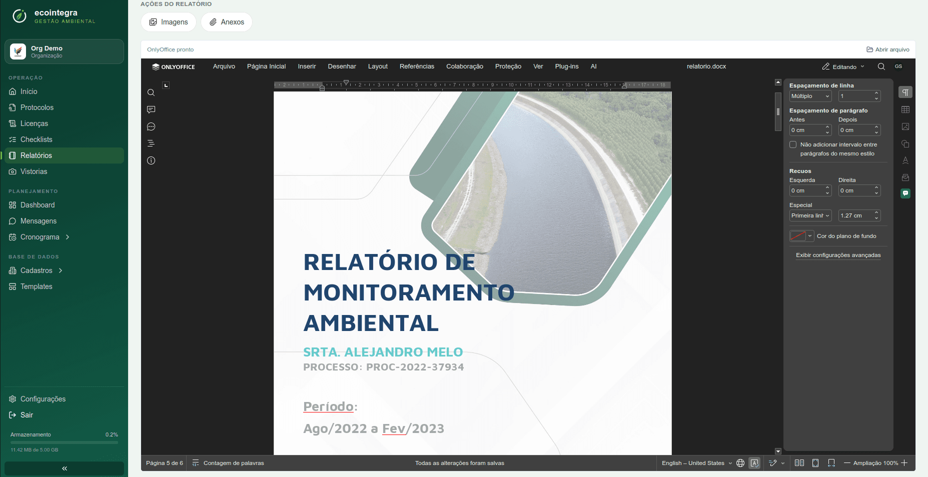 Editor de relatório ambiental (RMA)