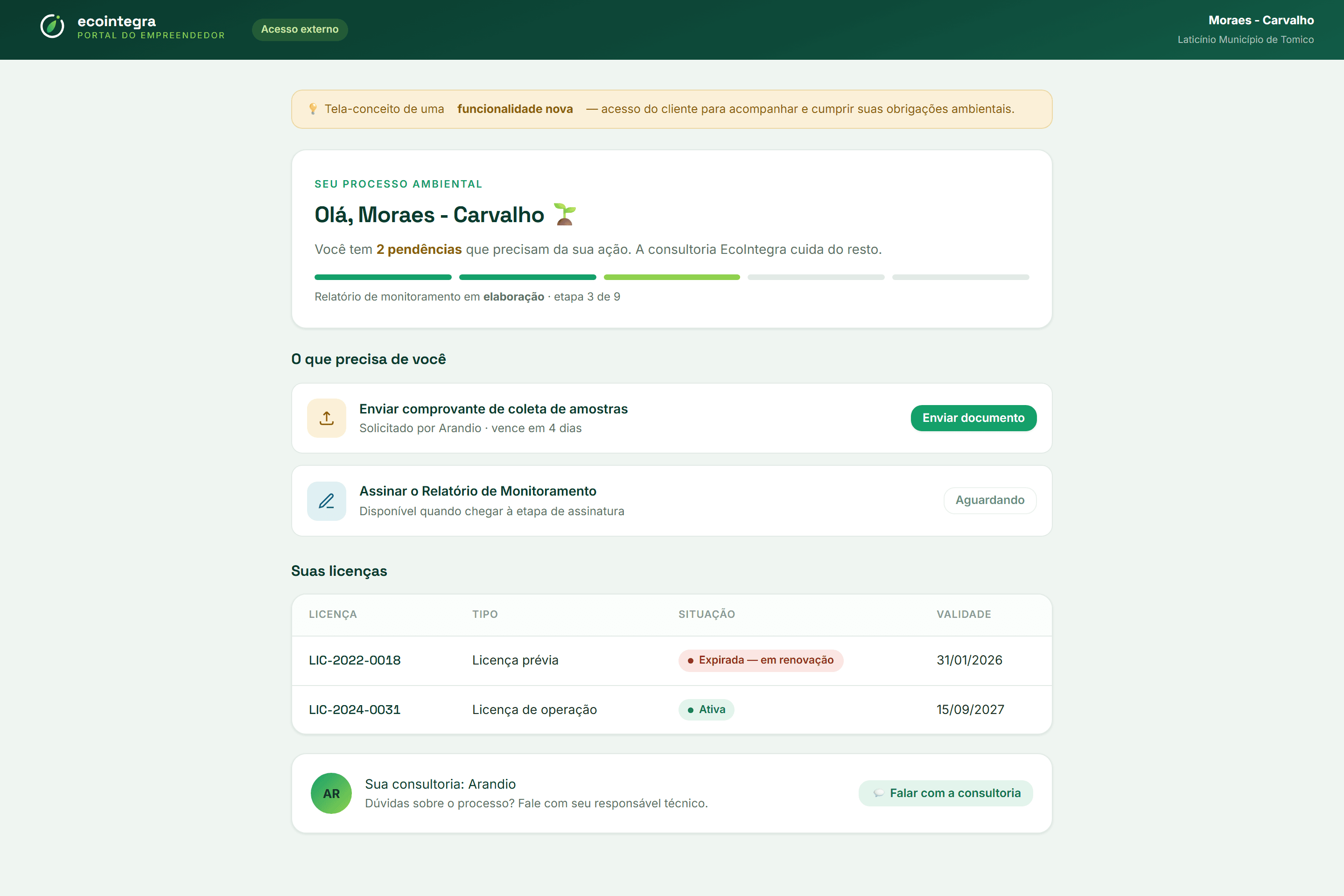 Licença prévia e licença de operação acompanhadas no portal do EcoIntegra