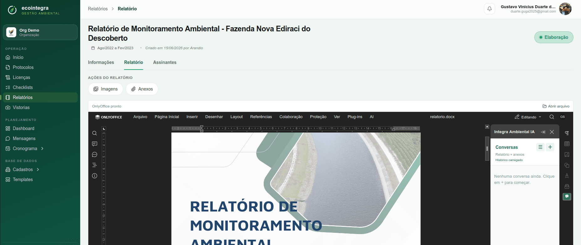 Editor de Relatório de Monitoramento Ambiental (RMA) do EcoIntegra